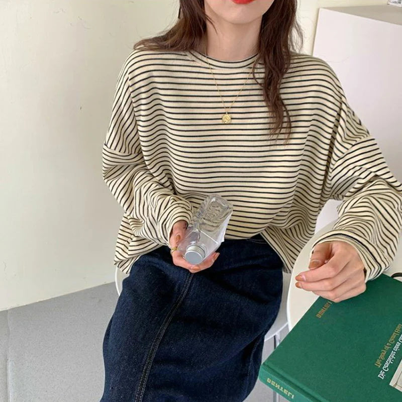 Hnewly  Coffee Stripes Cotton T-Shirts Women Loose Spring Autumn 2023 Lady Casual Full Sleeve O-Neck Chic All Match Tops