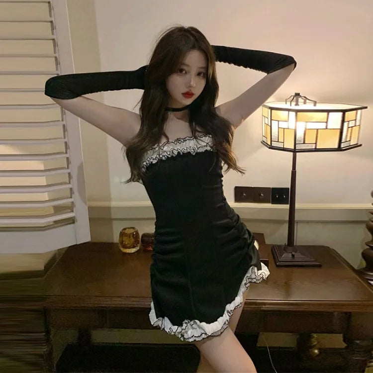 Hnewly birthday outfit Sexy Off Shoulder Strapless Black Dress for Women Y2k E-Girl Slim Fit Bodycon Fungus Dresses 2025 Summer New Vestidos Mujer