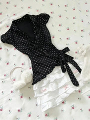 Lunivop  Vintage Y2K Sweet 2 Piece Set Women Slim Fit Polka Dot Lapel Waist Cinched Top + White Lace Trim Mini Skirt Fashion Chic Outfit
