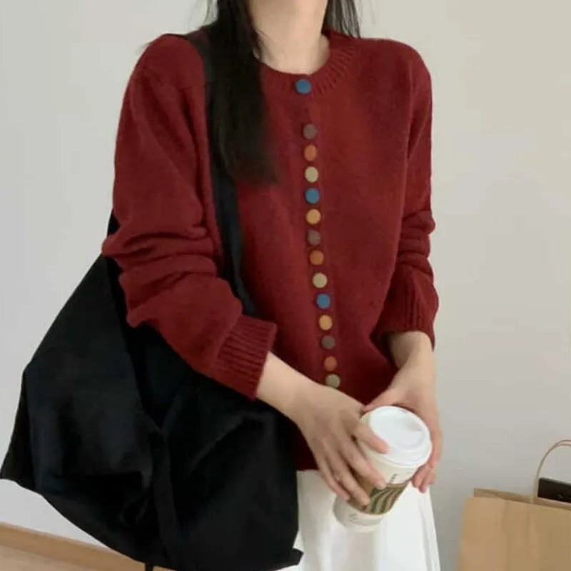 Hnewly  Multicolor Button Knit Sweater Cardigan Women Long Sleeve Button-Up Sweater Jacket Teen-girl Autumn Winter Korean Fashion Outfit