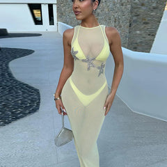 Hnewly  3d Starfish See Through Beach Long Dress Women Slim O-neck Sleeveless Backless Lace Up Dresses Summer Mesh Holiday Robes