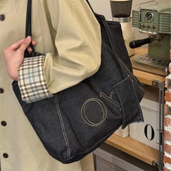 Hnewly  Korean Retro Black Tote Bag Women Large Capacity Denim Shoulder Bag Ladies Letter Harajuku Simple Everyday Underarm Bag New