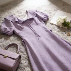 Hnewly  Summer Gentle Lace Trim V-Neck Bubble Sleeve Dress plus Size Elegant Waist-Cinching Texture Long Dress Korean Style High Wais...