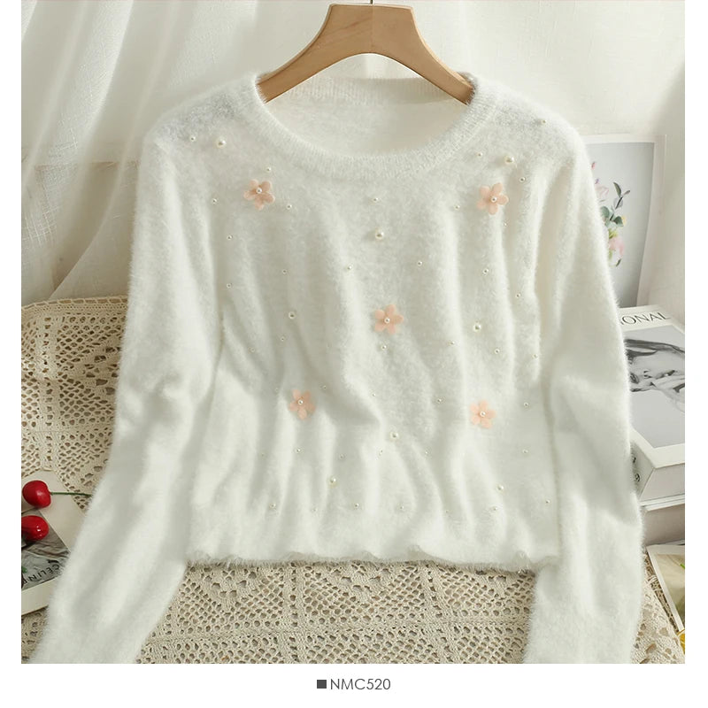 Hnewly  Women's Short Sweater Autumn Winter Fashion Beaded Slim Long Sleeve Pullover Korean Versatile O-neck Loose Knitted Tops