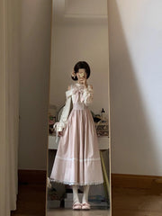 Hnewly  Sweet Butterfly Knot Lace Waist Long Dress Women's Style Pink Color Autumn Fashion Gentle Breeze Off-Shoulder Gown High Waist...