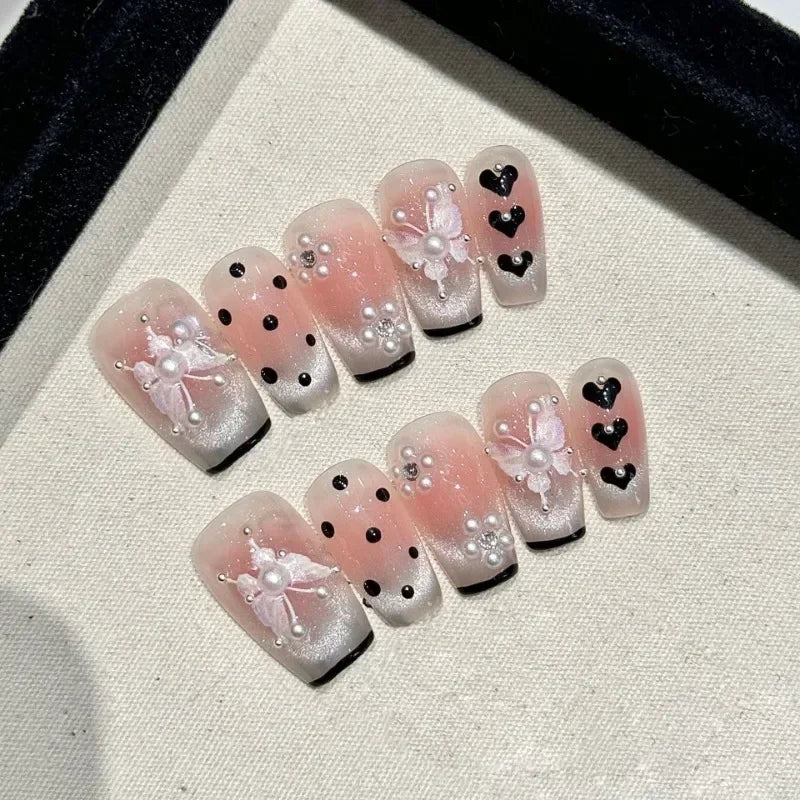Hnewly 10Pcs Handmade Press on Nails Full Cover Shiny Cat Eye Butterfly Design Pink False Nails French Square Ballet Wearable Manicure