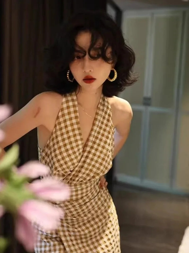 Hnewly DRESS TO IMPRESS Korean Elegant Long Plaid Dress Women Sexy Sleeveless Party Fairy Dress Female 2024 Summer V-neck Fashion Vintage Casual Dresses