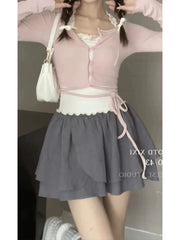 Hnewly Fashion Elegant Preppy Style 2 Piece Skirt Set Fake Two Pieces V-Neck Crop Top + Elastic Waist Mini A-line Skirt Y2K Streetwear
