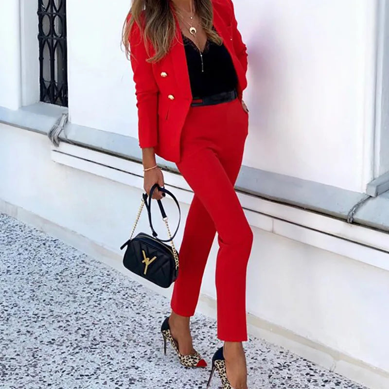 Hnewly 2 Pieces Set Women Turn-down Coat Pants Suit Business Style Long Sleeve Commute Trousers Set Top Casual Office Outfit