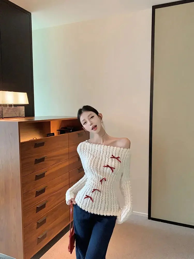 Hnewly Sweet Bow Knitted Pullover Women Off Shoulder Sexy Long Sleeve Sweaters Korean Style Kawaii Autumn Winter Pullovers