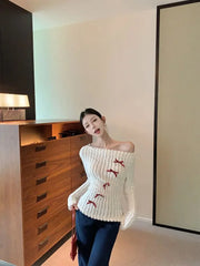 Hnewly Sweet Bow Knitted Pullover Women Off Shoulder Sexy Long Sleeve Sweaters Korean Style Kawaii Autumn Winter Pullovers