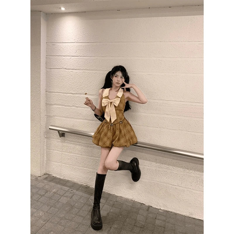 Hnewly Elegant Vintage Plaid Dresses Women Casual Sexy Bodycon Bow Ruffles Mini Dress Short Party Fashion Sweet One Piece Dress Korean