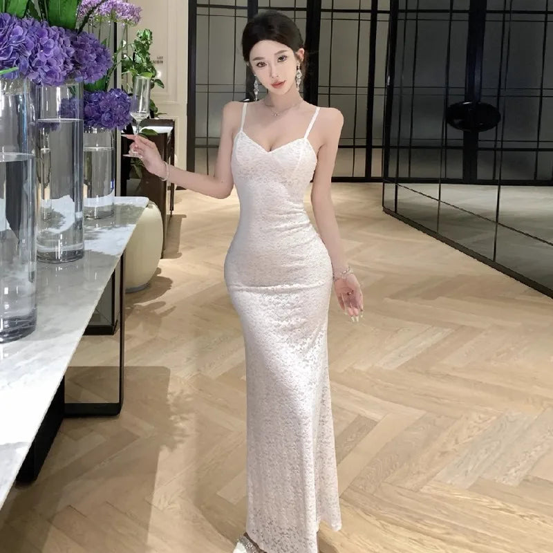 Hnewly  Woman Dress Sexy Elegant Sleeveless V Neck Lace Patchwork Backless Slim Sweet Temperament Party Dresses Female Chic