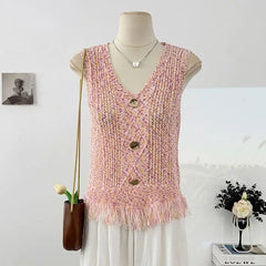 Hnewly  Retro Colored Striped Camisole Vest Women's 2025 New Summer New Sleeveless O-neck Knitted Shirt Elegant Hollow Out Short Top