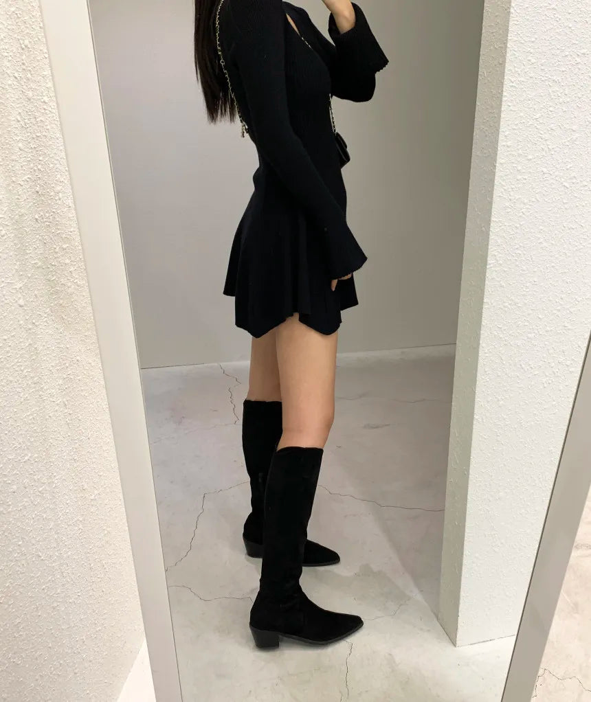 Hnewly Vintage Screw Thread V-neck Flare Sleeves Knitted Sweater Mini Dresses for Women Clothing Elegant Sexy Bodycon Dress Winter