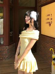 Hnewly  Sweet Elegant Bodycon Mini Dresses Women Off Shoulder Korean Style Butter Yellow Plaid Ruffles Dresses Y2k Harajuku