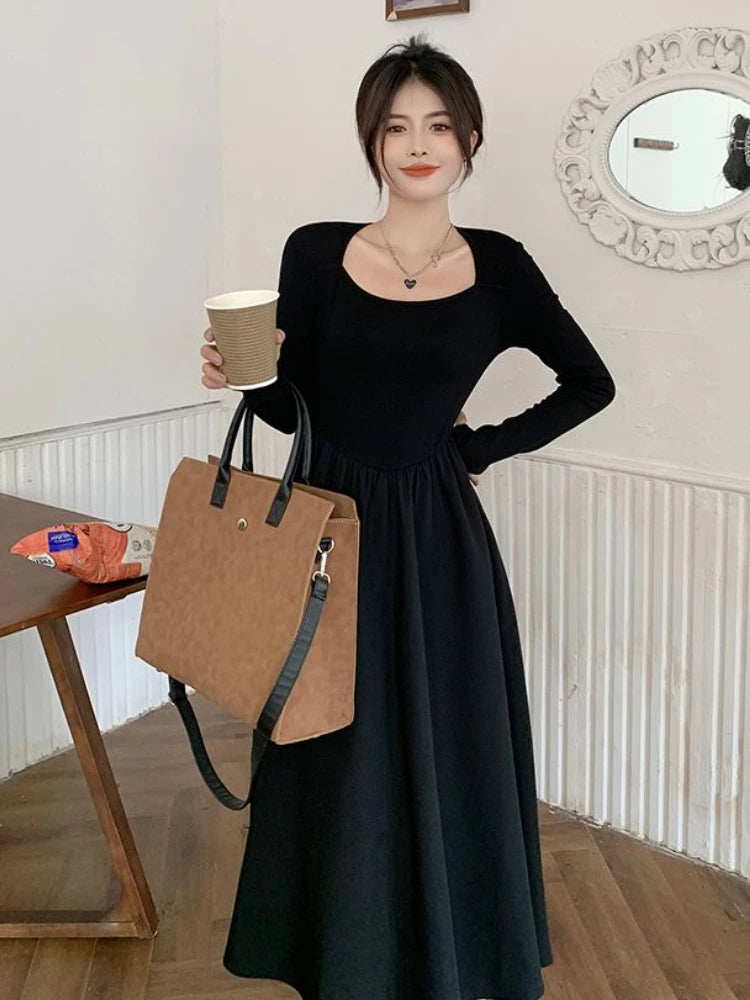 Hnewly Korean Style Dresses Women Ins Temperament Fashion Simple Midi Preppy Schoolgirls All-match Vestidos De Mujer Sexy Autumn