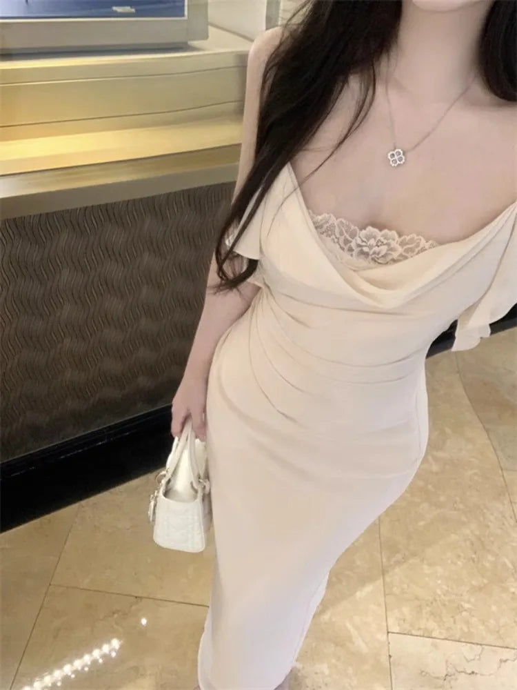 Hnewly  Woman Dress Sleeveless Lace Patchwork Slim Backless Sweet Elegant Temperament Party Dresses Sexy Ladies Fashion