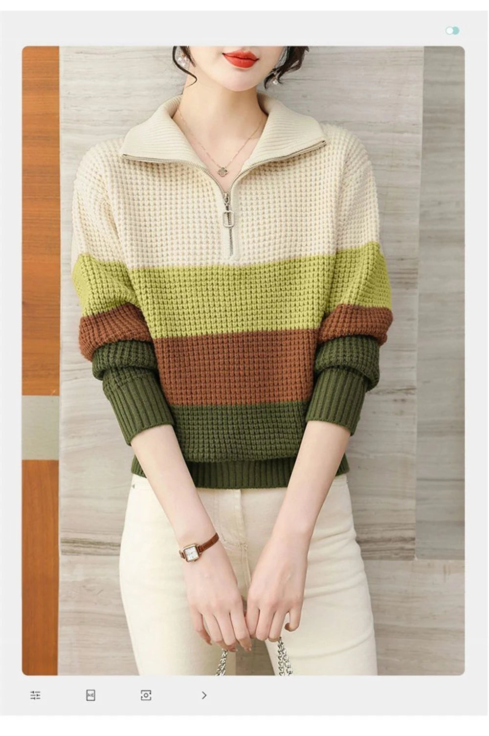 Hnewly  Knitted Stripe Sweater Women's Lapel V-neck Autumn Winter 2025 New Contrast Color Versatile Knitwear Long Sleeve Pullover Tops