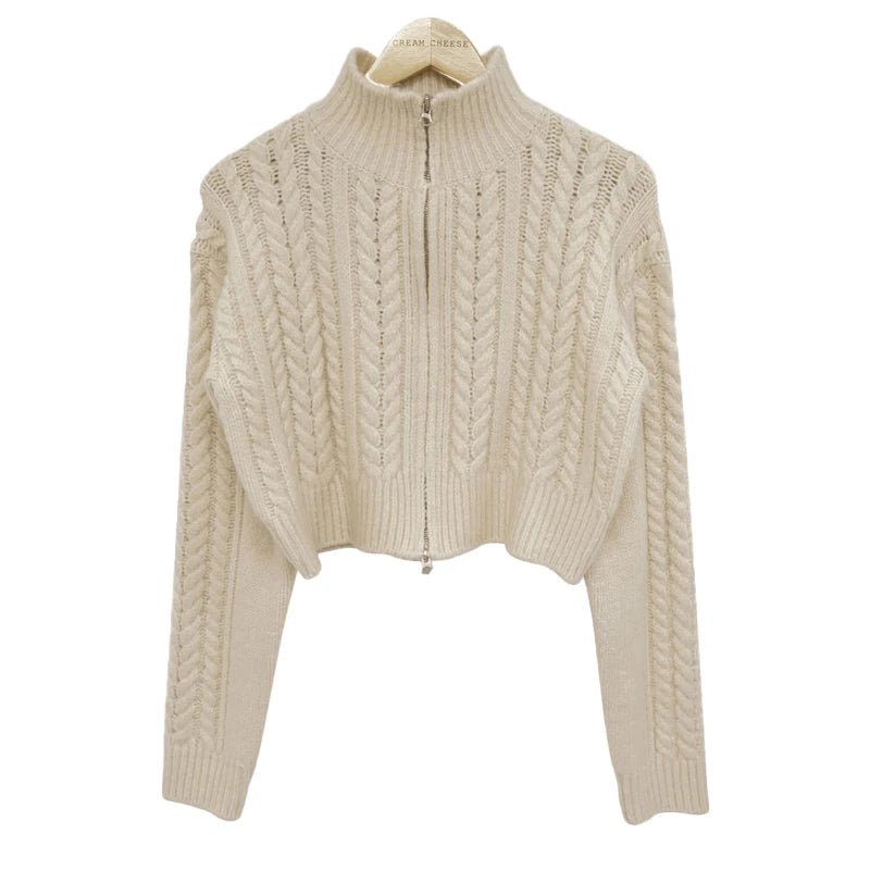 Hnewly  Chunky Knit Zip Up Cardigan for Women Zipper Front Long Sleet Sweater Coat Knitwear Crop Sweater Korean Chic Fall Winter Outfit