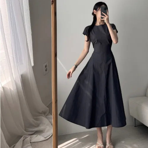 Hnewly Summer Svel Wrap Waist Dr Women's Pure Color Long Dr round Ne Design Faionable plus Size Clothing