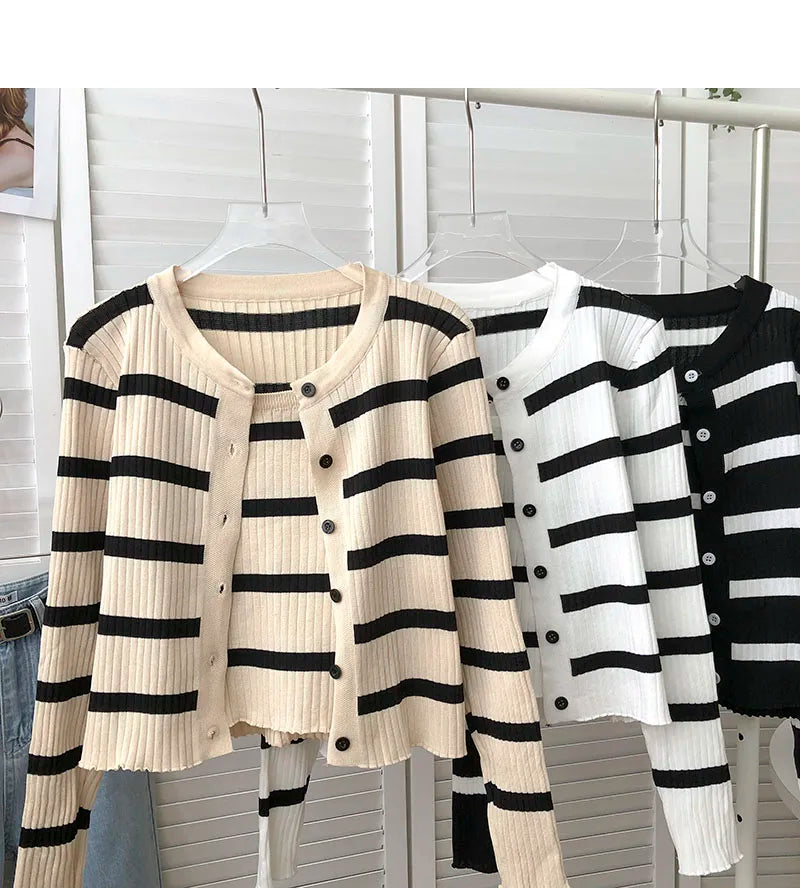 Hnewly  Women's Striped Knitting Cardigan Single Breasted Long Sleeved Sweater+Spaghetti Straps Vest Spring Autumn Korean Top 2pcs