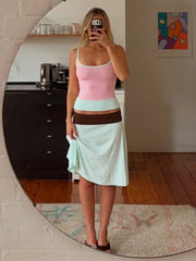 Hnewly  Sexy Contrast Panelled Women's Slip Vest Chic Sleeveless Big U-Neck Slim Tanks Summer Vacation Fashion Female Vests