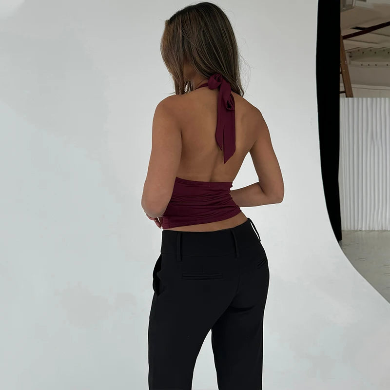 Hnewly V-Neck Sexy Lace Edge Halter Slim Backless Casual Solid Crop Tops Y2K Summer Fashion Streetwear Daily Sweet Cute Vest