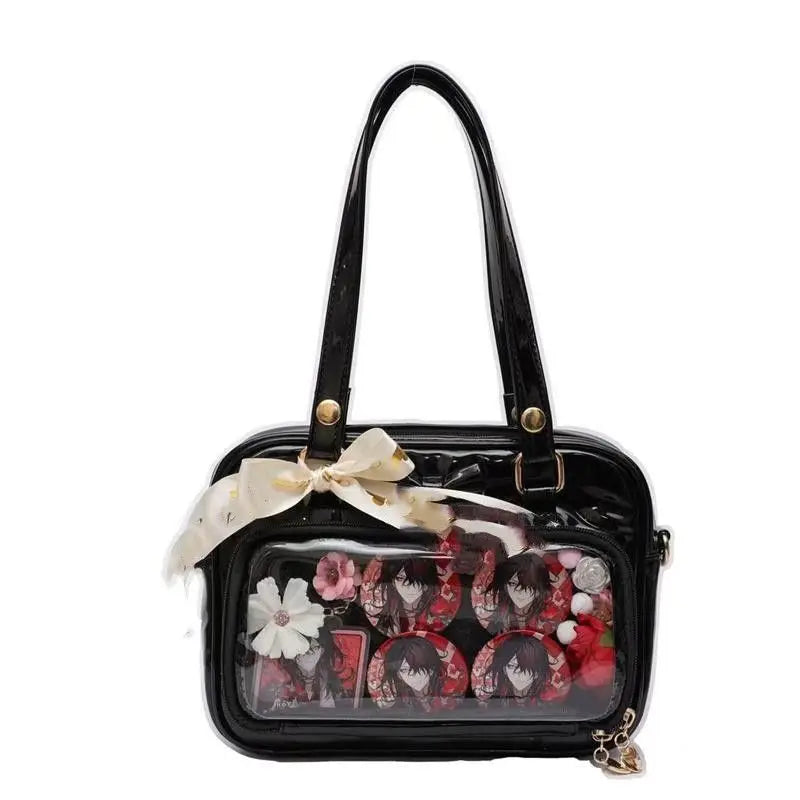 Hnewly  Sweet Bow Black Ladies Ita Bag Square Leather Tote Bag Women Harajuku Large Capacity Transparent Shoulder Bag Y2k