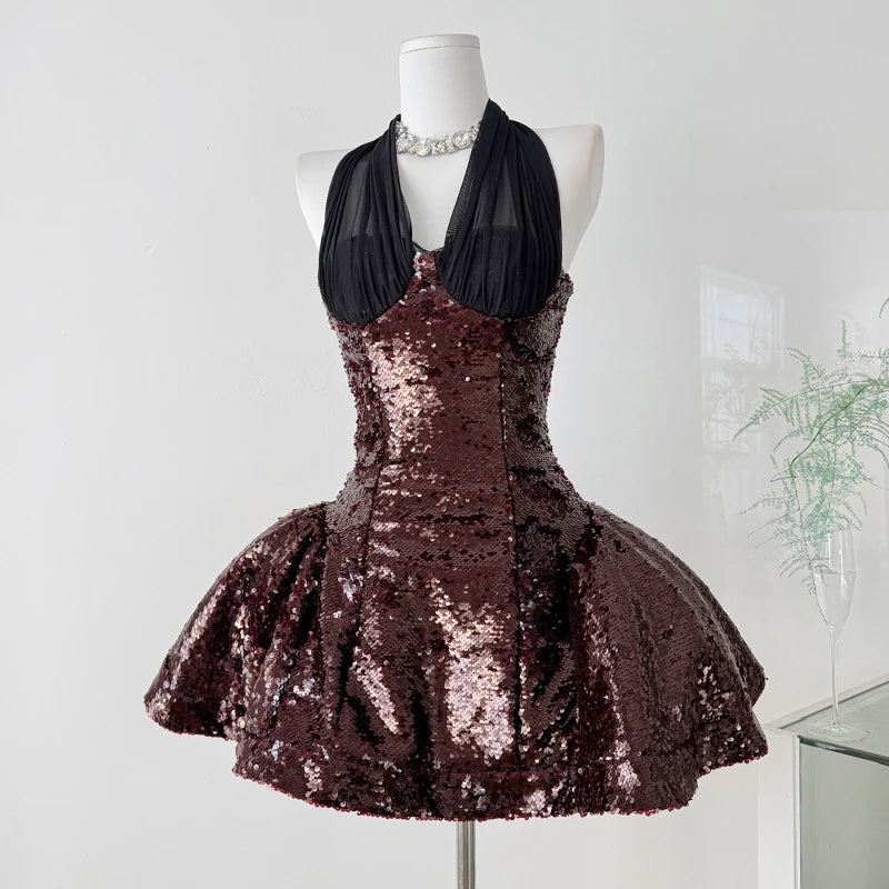 Hnewly  Women's Sheer Sleeveless Sequin Bodycon Mini Dress Sexy Sparkly Ruched Mesh Party Going Out Dresses Ball Gown Wine Red Dress