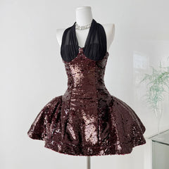 Hnewly  Women's Sheer Sleeveless Sequin Bodycon Mini Dress Sexy Sparkly Ruched Mesh Party Going Out Dresses Ball Gown Wine Red Dress