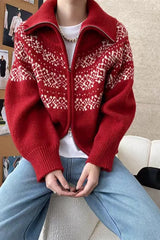 Hnewly  Women Fair Isle Sweater Zipper Front Collared Zip-up Sweater Knit Jacket Cozy Knitwear Teen-girl Fall Winter Vintage Outfit