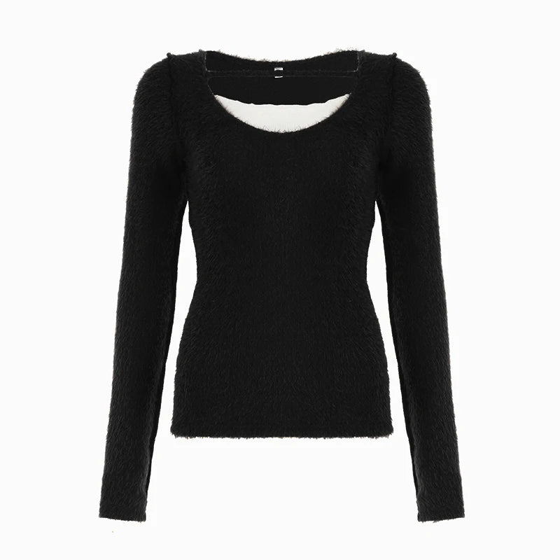 Hnewly Patchwork Fake Two-piece T-shirt Autumn Winter Furry Stitching Full Sleeve Elastic Knitwears Korean Style T Shirts Casual