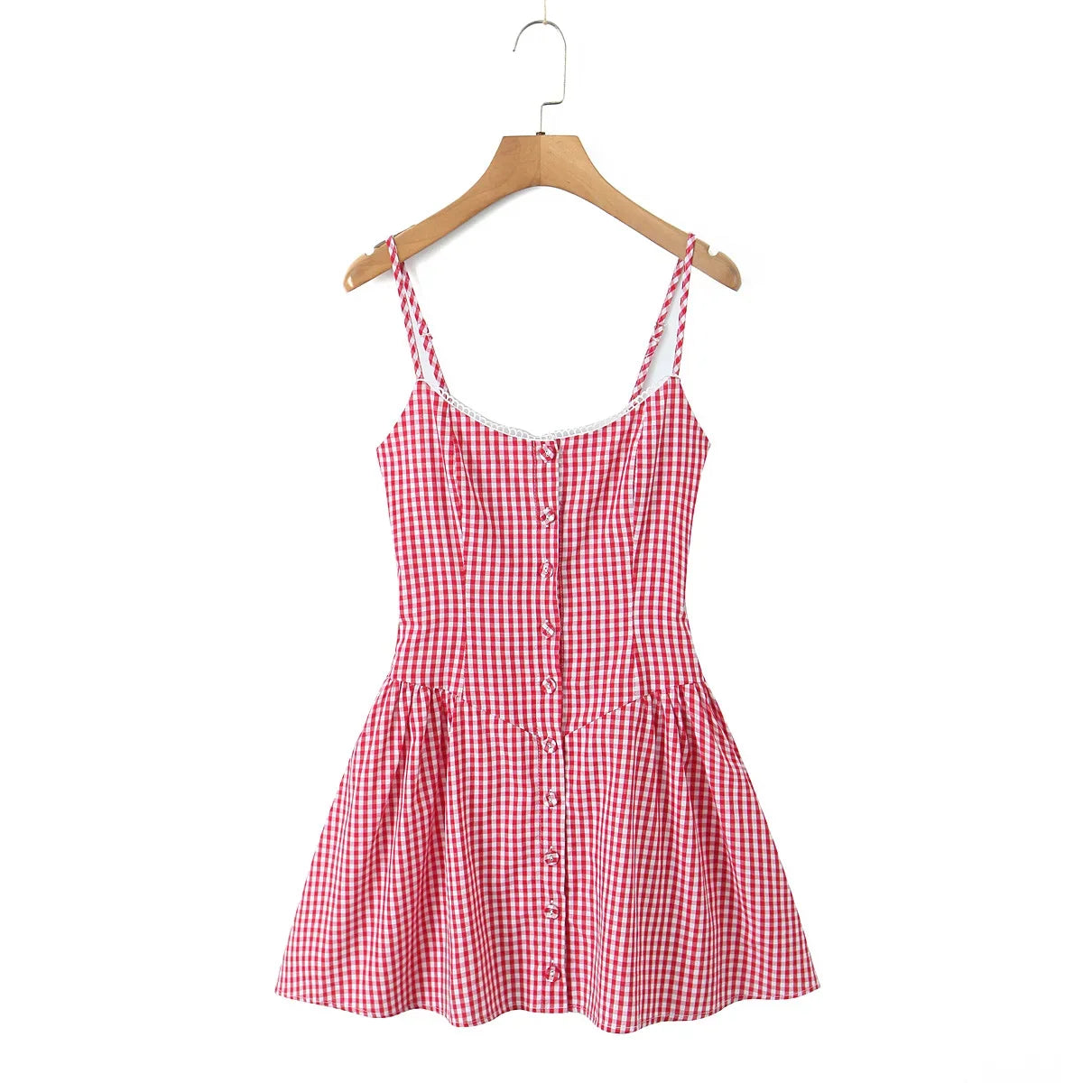 Lunivop  Sexy Gingham Plaid Spliced Lace O neck Mini Sling Dress Women Open Through Buttons Low Waist Swing A line one-piece Dresses