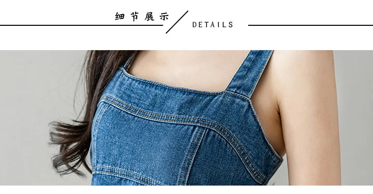Hnewly  Denim Spaghetti Strap Dress New Summer Women's Retro Strap A-Line Dress Classic Blue Tea-Length Versatile Slim Sun Dresses
