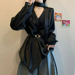 Hnewly  Elegant Ladylike Style Satin Ribbon V-neck Shirt Spring Autumn New Fashionable Large-sized Stylish Belt-cinched Loose Top
