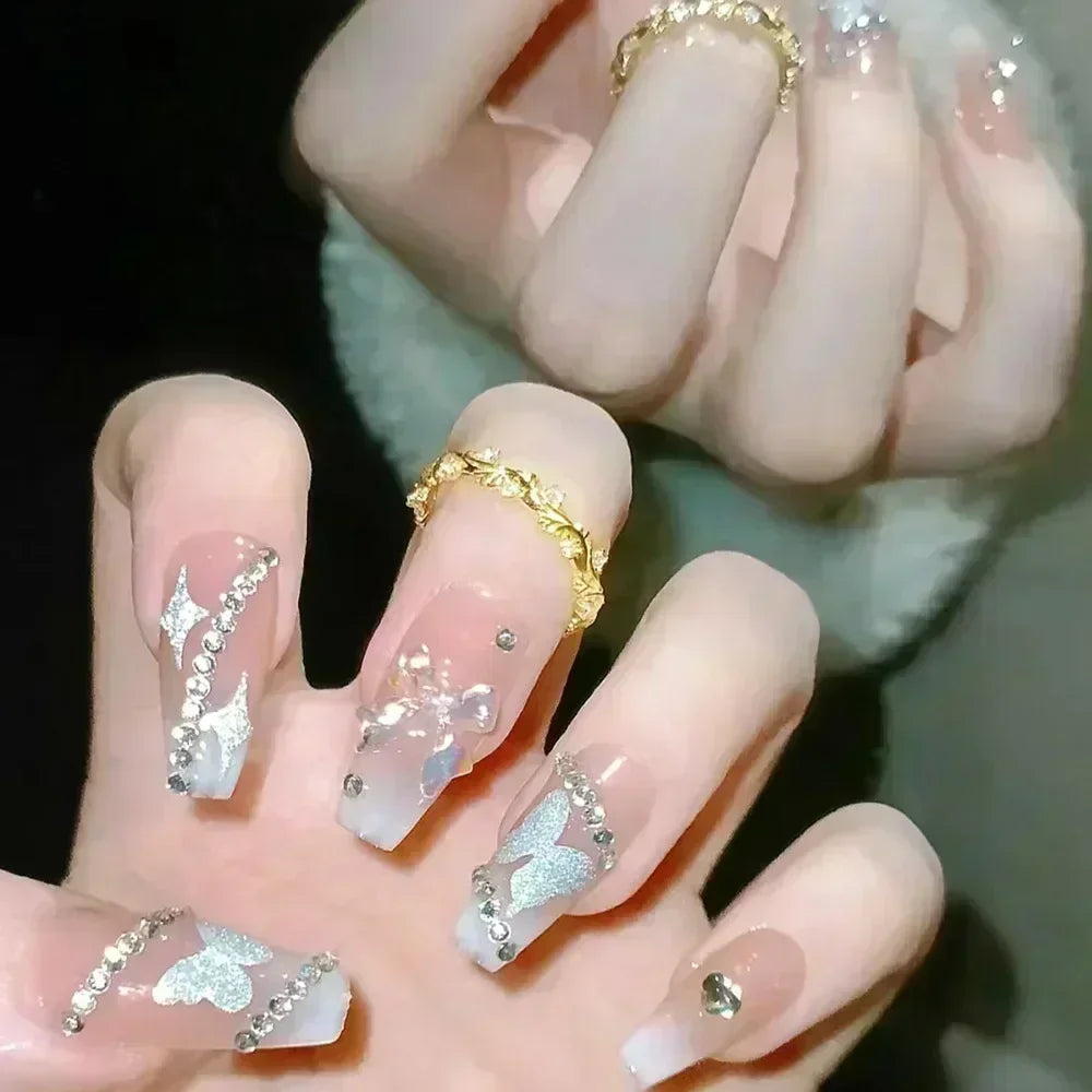 Hnewly 24Pcs False Nails French Gradient Ballet Fake Nails Press on Nails Black Heart Rhinestone Design Glitter Full Cover Nail Tips