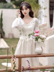 Hnewly French Slim Fairy Dress Lace-Up Patchwork A-Line Midi Dresses Korean Female Vintage Evening Party One Piece Vestido Mujer New