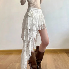 Hnewly Vintage Boho Lace Skirt Women White Asymmetrical Skirts Elegant Fairycore Korean Fashion Tull Irregular Short Mid Skirt