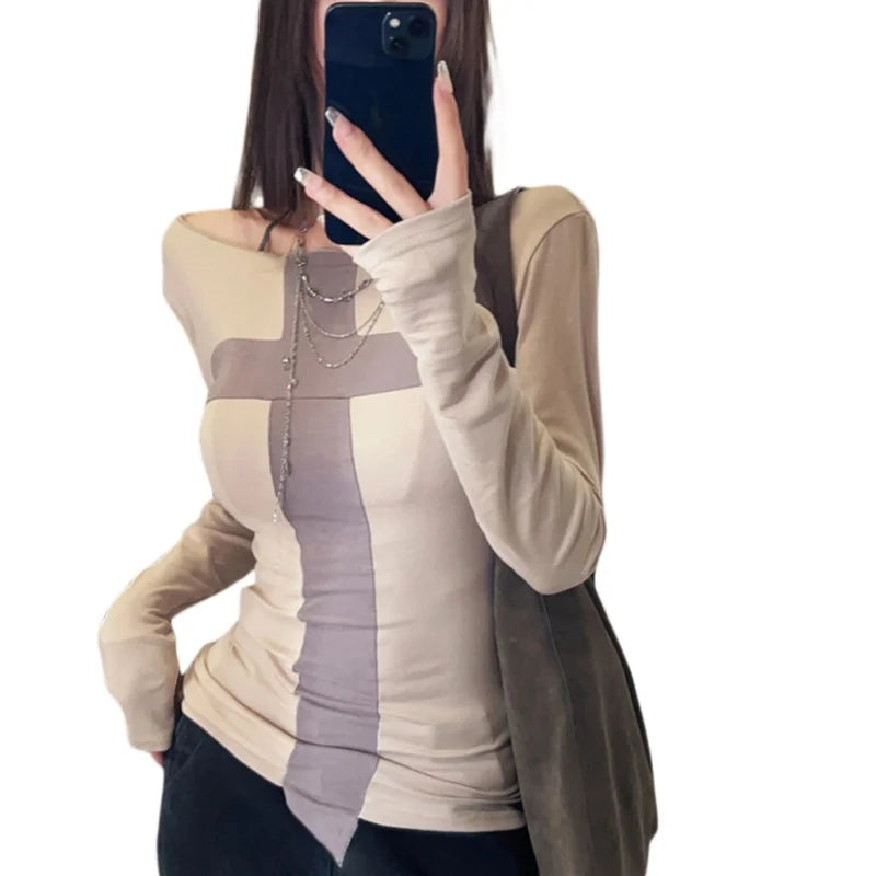 Hnewly y2k Grunge Tops Women Fairycore Clothes Contrast Cross Off Shoulder Long Sleeve T Shirts 2000s Goth Clothing Streetwear