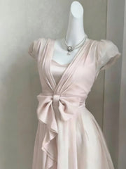 Hnewly  Y2k Aesthetic Fairy Sweet Bow Women Dress Summer Puff Sleeve A-Line Harajuku Dresses Solid Color Grunge Ruffled Vestidos