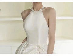 Hnewly  Women's New Satin Hanging Neck Light Wedding Dress, Bridal Evening Dress, Fashionable and Slim, Simple White Split Dress