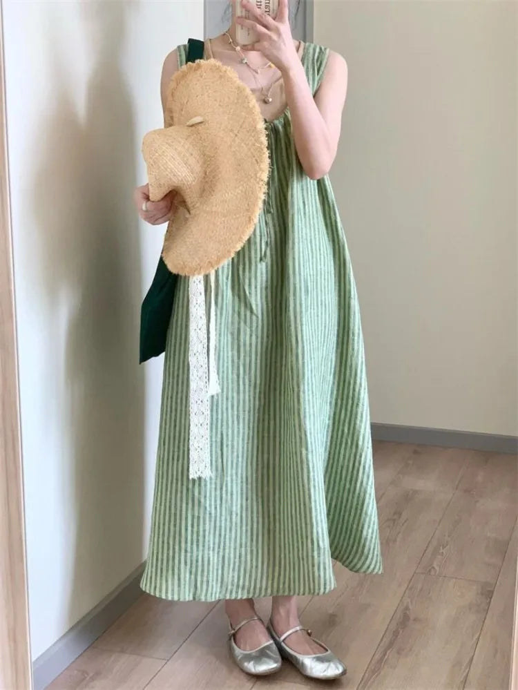 Hnewly  Striped Dresses Women Sleeveless Slash Neck Loose Summer Fashion Holiday Casual Party Dress Female Temperament Elegant