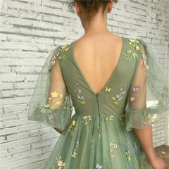 Hnewly  Elegant Green Evening Dresses Puffy Sleeve V Neck Tulle Romantic Flower Backless A Line Floor Length Party Prom Gowns  formal dress
