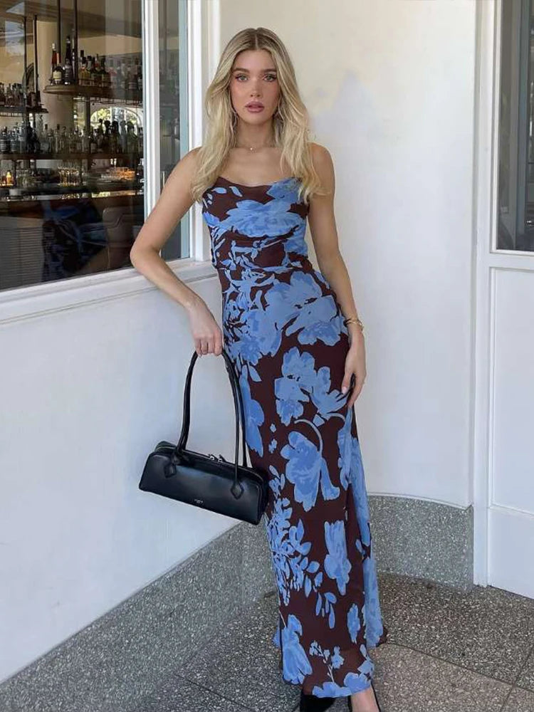 Hnewly  Flower Print Patchwork Maxi Dress Women Sexy Backless Off Shoulder Sleeveless Vacation Beach Party Fashion Vestidos