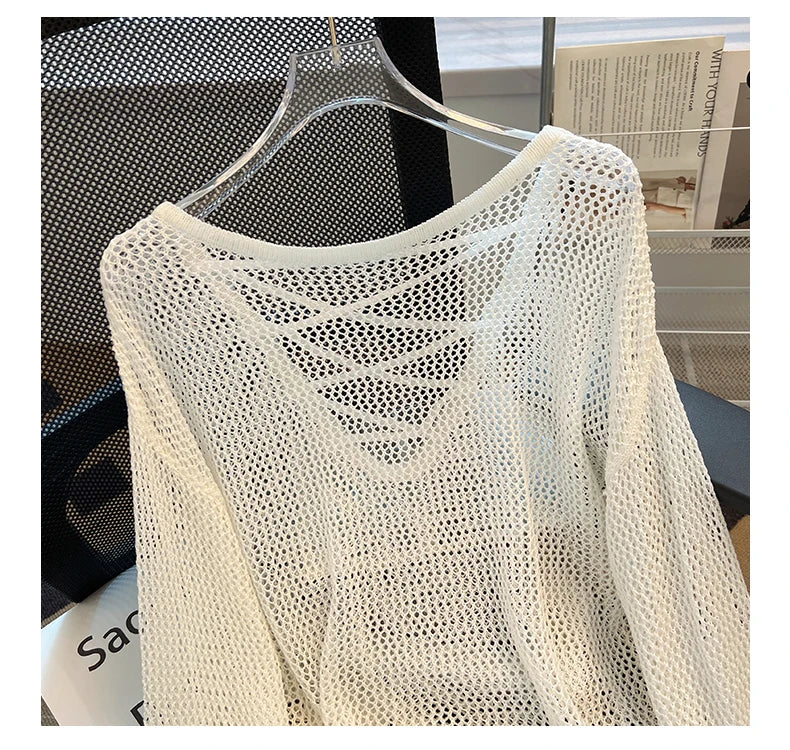Hnewly Black White Striped Ice Silk Knitted Sweater Women Long Sleeved Loose Lazy Style Mesh Pullover Spicy Girl Hollow Out Top