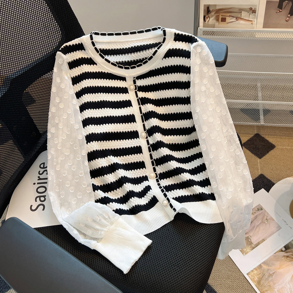Hnewly  Striped knitted Sweater For Women's Spring Autumn French Elegant Round Neck Long Sleeved Patchwork Chiffon Loose All-Matched Top