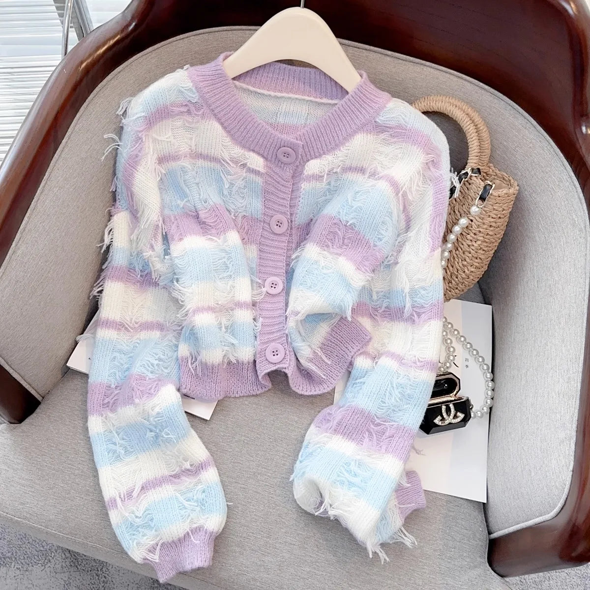 Hnewly Striped Fashion Tassel Sweater Women's Autumn Single Breasted  O-Neck New Short Knitted Cardigan Long Sleeve Top