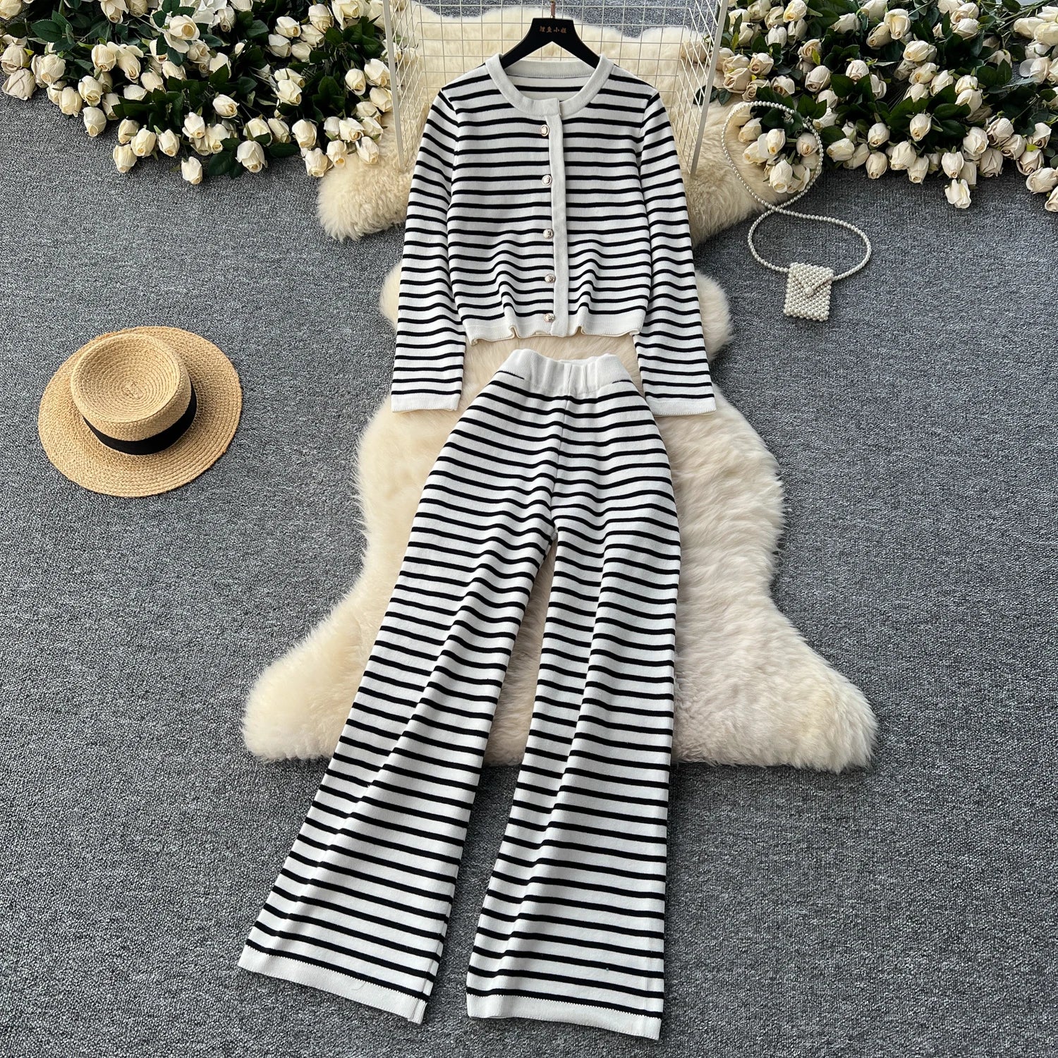 Hnewly  Elegant Knitted Set for Women's High End Versatile Round Neck Striped Knitted Cardigan+High Waist Casual Wide Leg Pants 2PCS