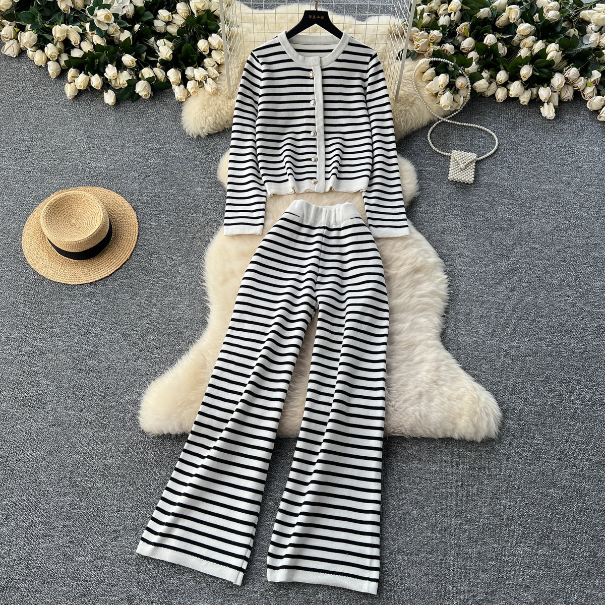 Hnewly  Elegant Knitted Set for Women's High End Versatile Round Neck Striped Knitted Cardigan+High Waist Casual Wide Leg Pants 2PCS